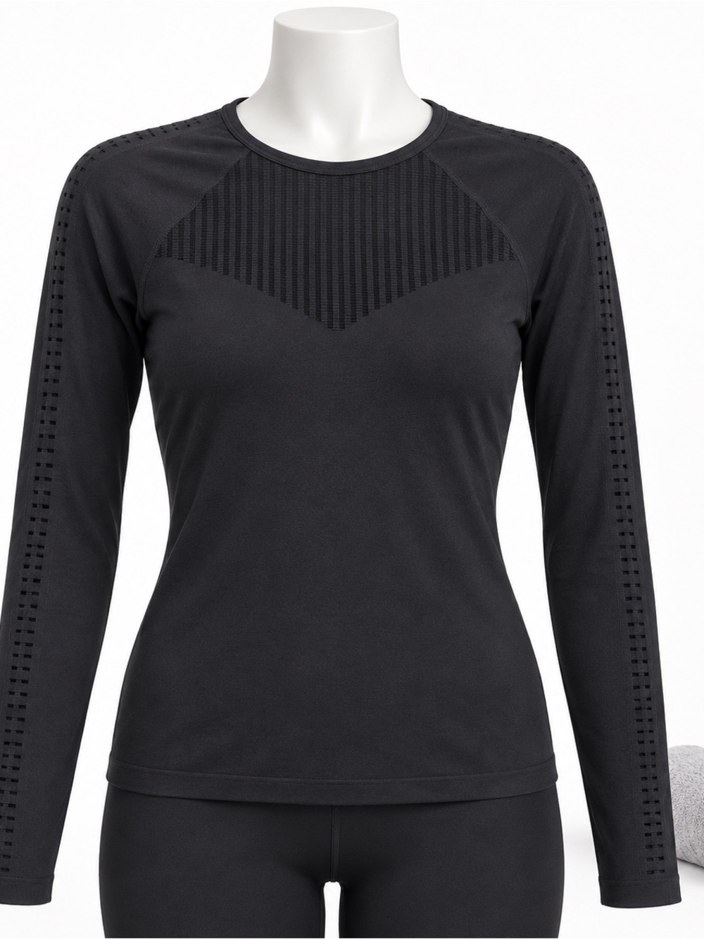 Fabletics Black Seamless Mesh Long Sleeve Workout Top